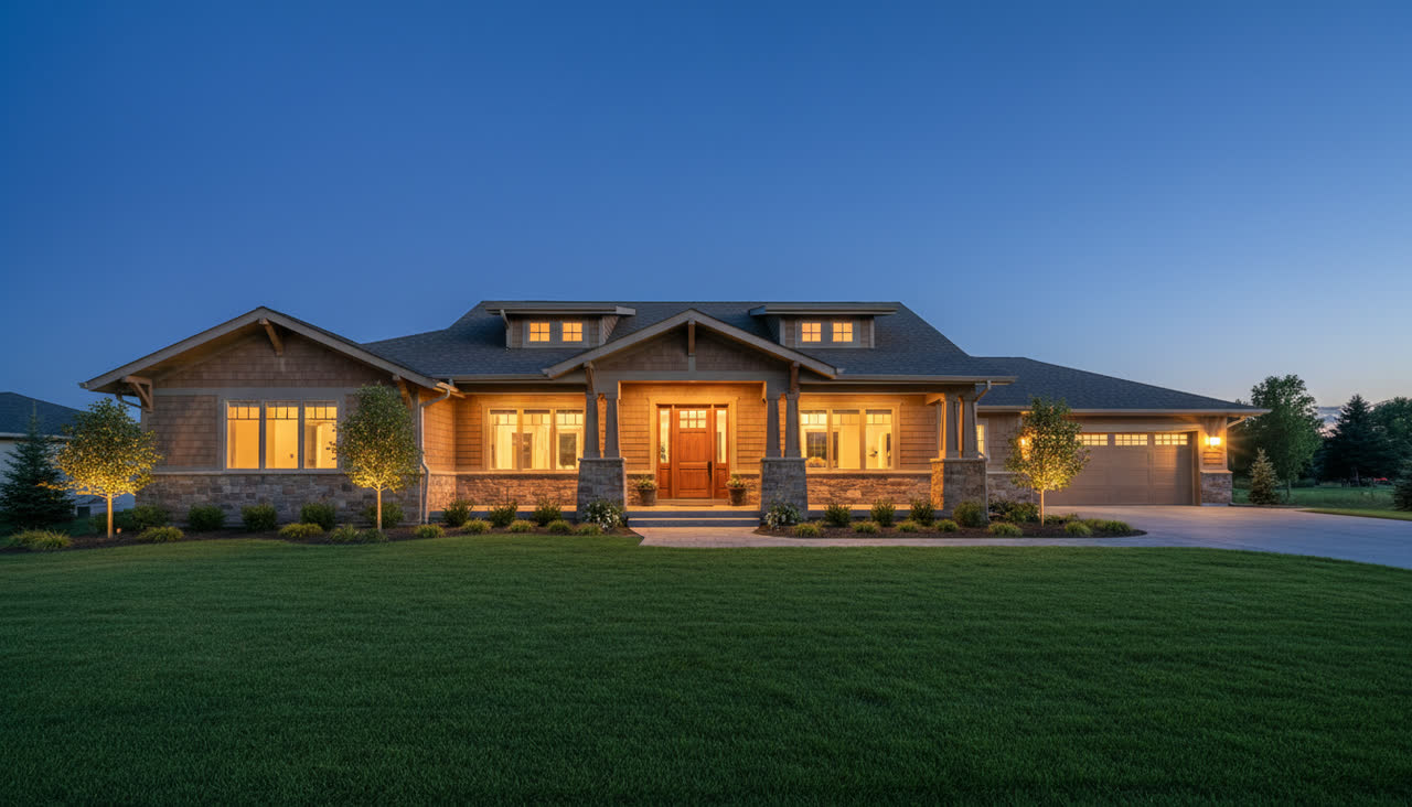 Newly completed craftsman-style home at dusk - illustrative jobsite imagery