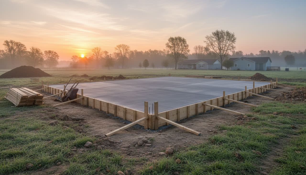 Poured residential foundation with formwork at sunrise - illustrative jobsite imagery