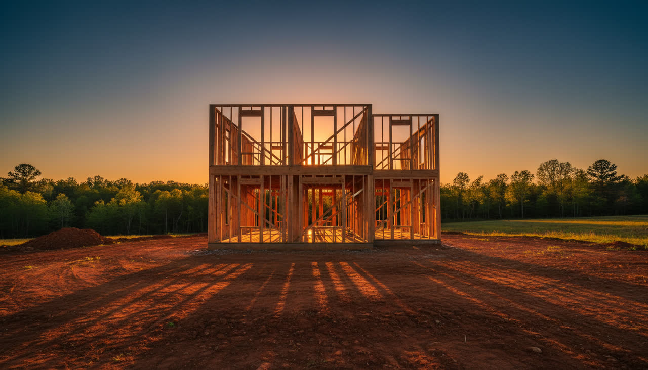 Freshly framed two-story house at golden hour - illustrative jobsite imagery
