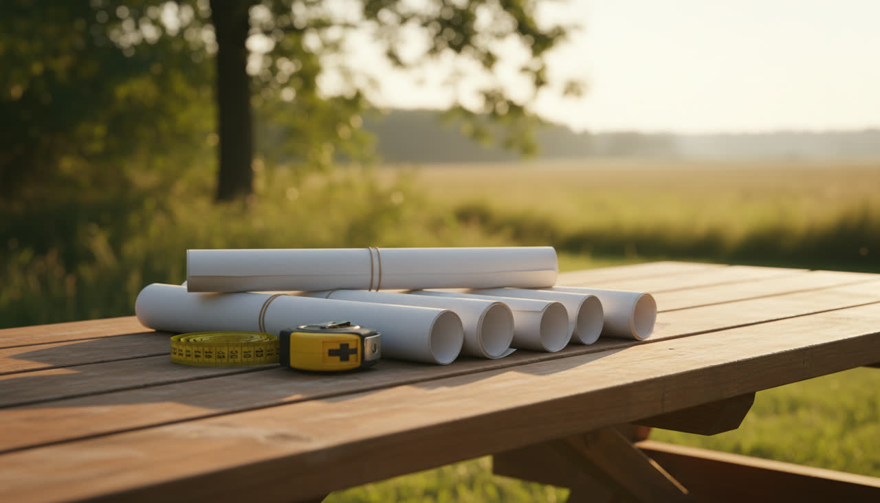 Rolled plan sheets and a tape measure on a work table at sunset - illustrative jobsite imagery