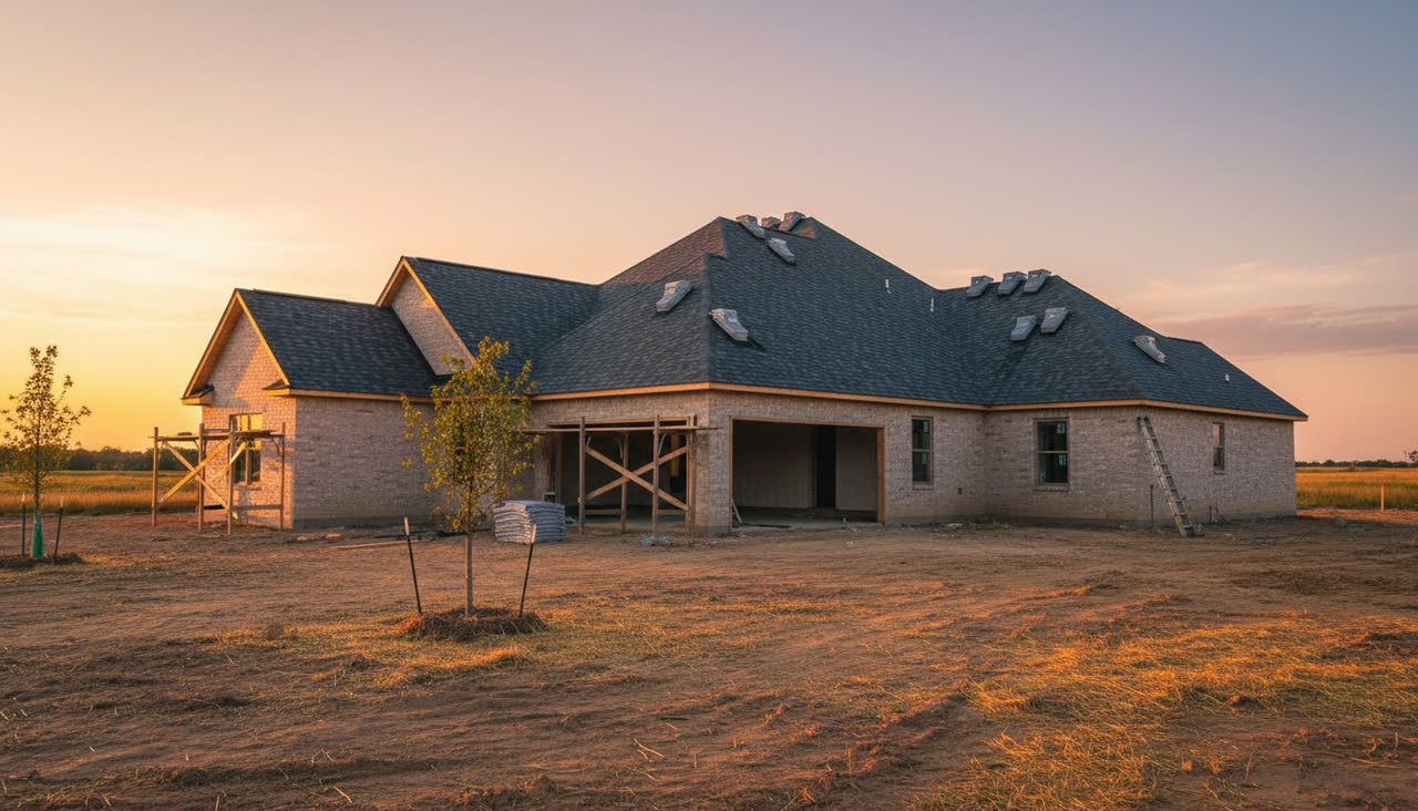 New-construction roof at sunset with staged shingle bundles - illustrative jobsite imagery